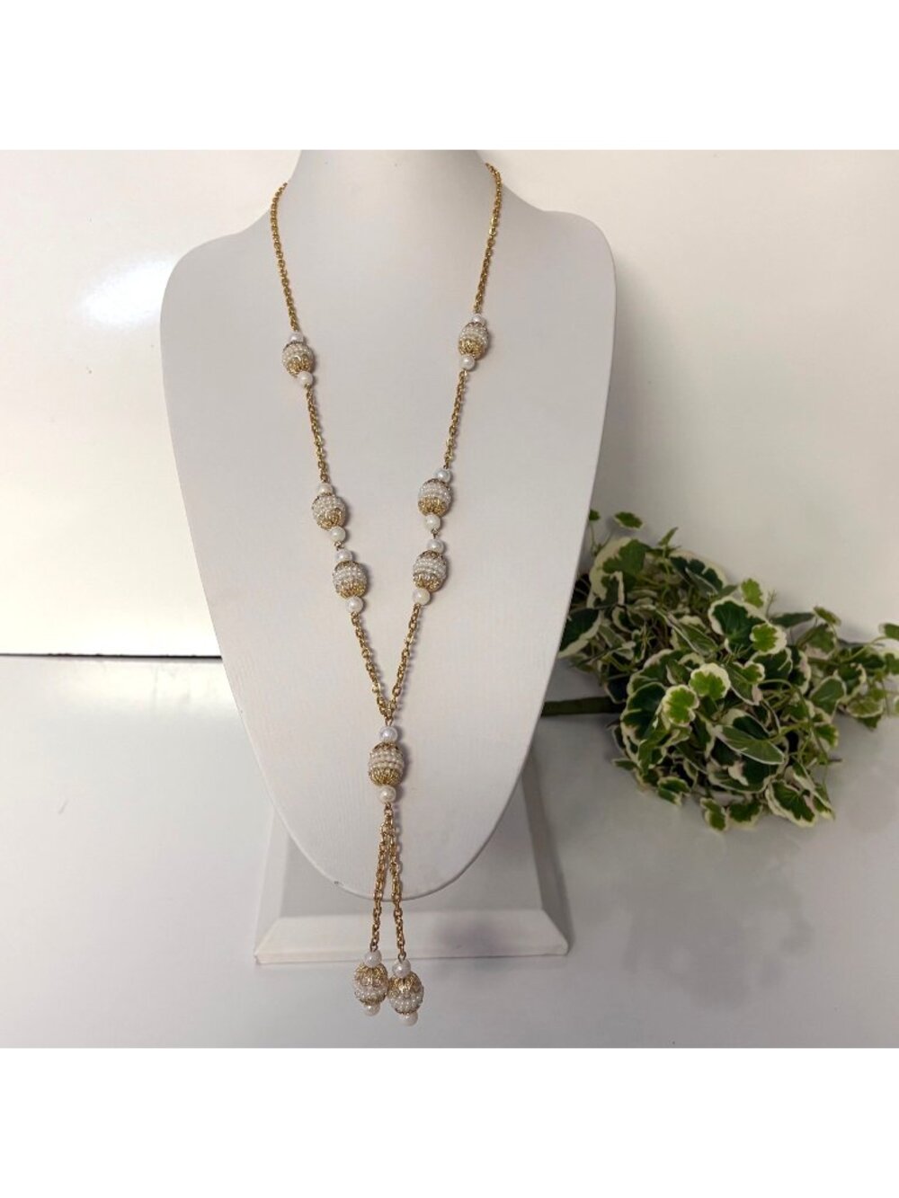 Faux Pearl Gold Tone Chain Necklace Y Drop Pendant Elegant Jewelry